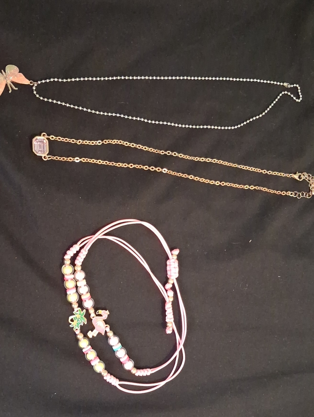 Golden Purple Necklace Silver Butterfly Necklace Pink Beaded Charm Bracelet Set